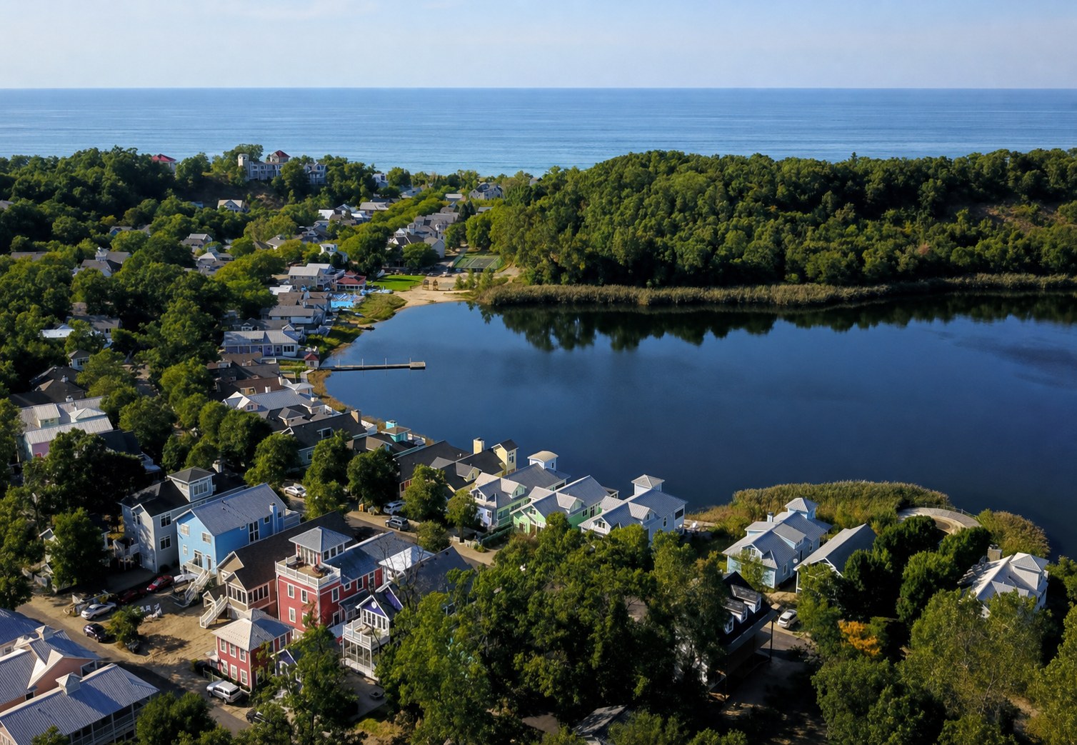 Lake Kai aerial — the modeled site area on Lake Michigan, with Beachwalk cottages on the dunes